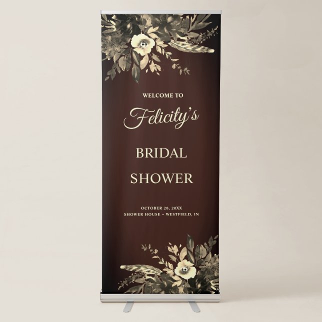 Romantic Fall Floral Aged Brown Bridal Shower Retractable Banner (Front)