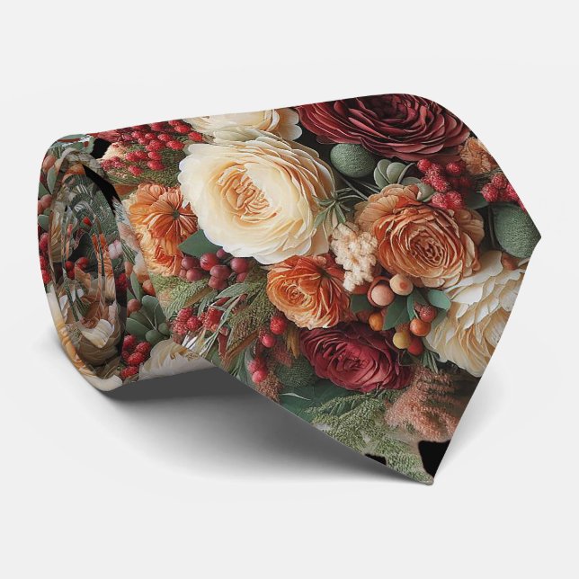 Romantic Fall Floral Grooms Wedding Neck Tie (Rolled)