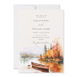 Romantic fall lake and boat Wedding Invitation