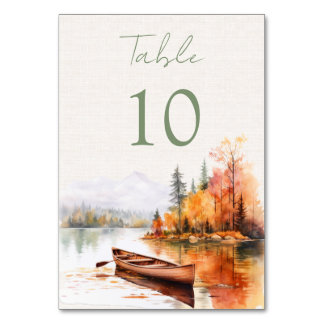 Romantic fall lake and boat Wedding Table Number