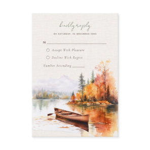 Romantic fall lake with boat Wedding RSVP Card