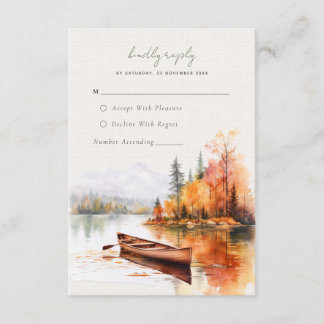 Romantic fall lake with boat Wedding RSVP Card