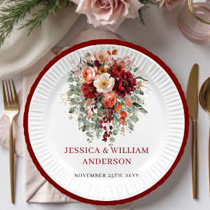Romantic Fall Marsala Floral Wedding Paper Plates