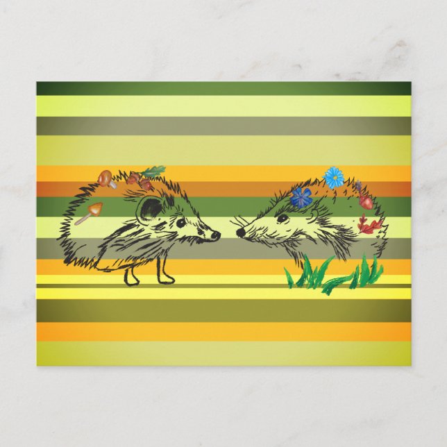 Romantic Fall Postcard Hedgehogs  Drawing Postcard (Front)