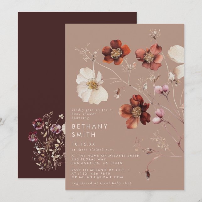 Romantic Fall Taupe Wildflower Baby Shower Invitation (Front/Back)