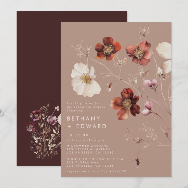 Romantic Fall Taupe Wildflower Rehearsal Dinner Invitation (Front/Back)