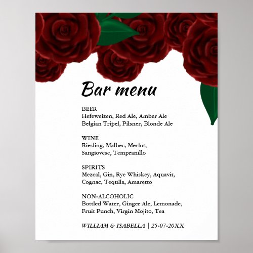 Romantic Fall wedding Red roses drinks menu sign