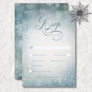 Romantic Falling Snow Blue & White Sparkle Dinner RSVP Card
