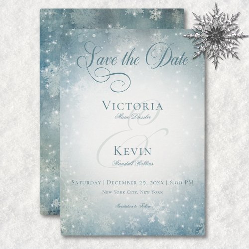 Romantic Falling Snow Blue  White Sparkle Save The Date