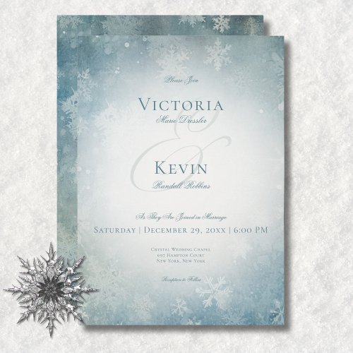 Romantic Falling Snow Blue  White Wedding Invitation