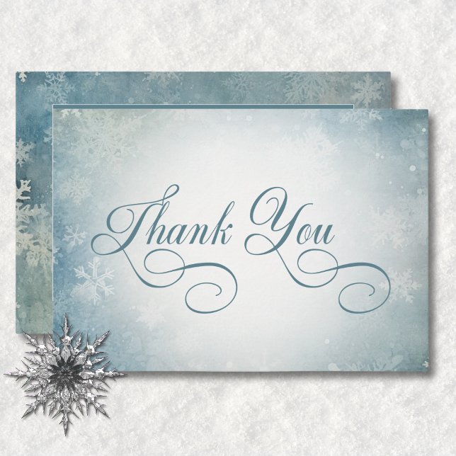 Romantic Falling Snow Blue White Wedding Reception Thank You Card (Romantic Falling Snow Blue White Wedding Reception Thank You Card)