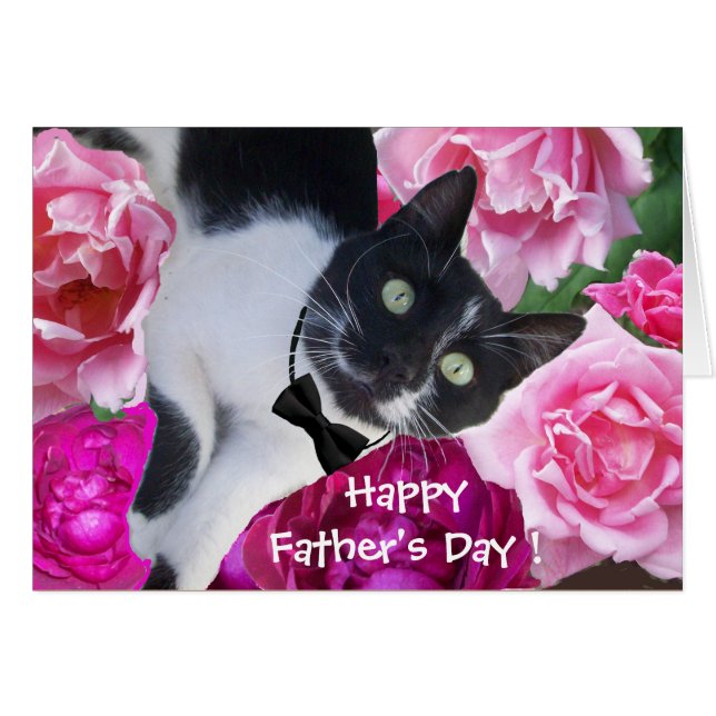 ROMANTIC FATHER'S DAY CAT WITH PINK ROSES CARDS (Front Horizontal)