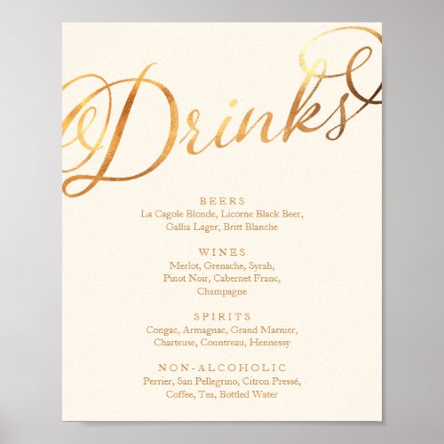 Romantic Faux Gold Calligraphy Wedding Drinks Menu Poster