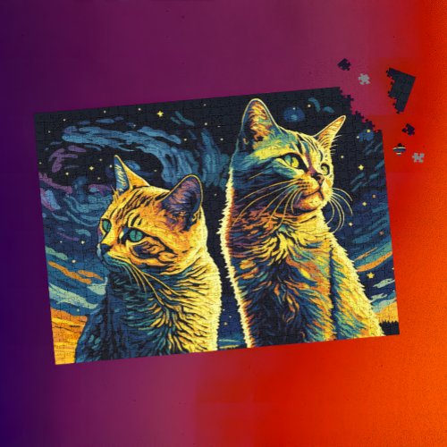 Romantic Feline Cat Couple with Starry Sky _ Jigsaw Puzzle