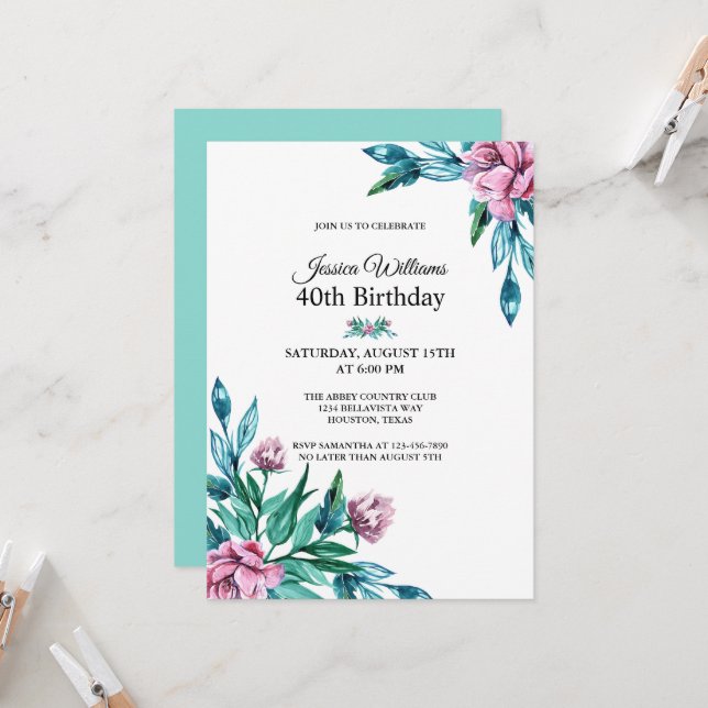 Romantic Feminine Floral 40th Birthday Invitation (Front/Back In Situ)