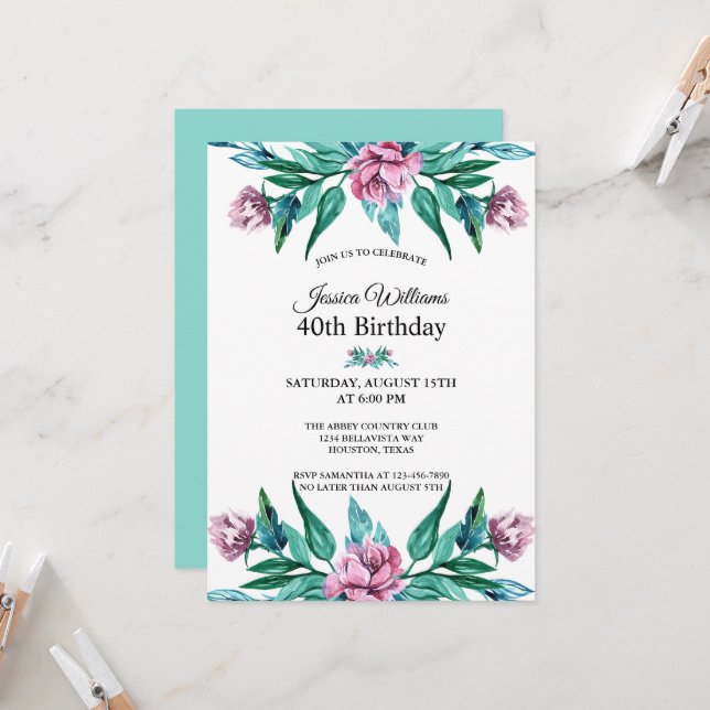 Romantic Feminine Floral 40th Birthday Invitation (Front/Back In Situ)