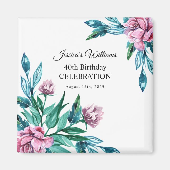 Romantic Feminine Floral 40th Birthday Magnet (Front)