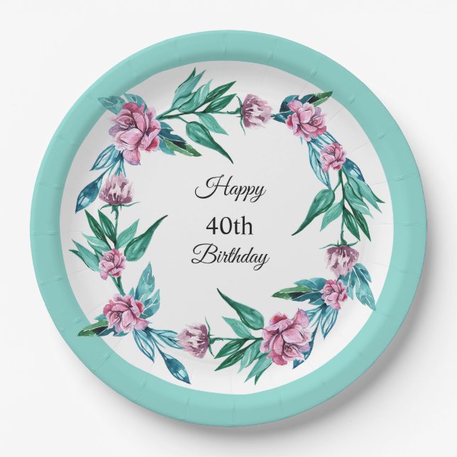 Romantic Feminine Floral 40th Birthday Paper Plates (Front)