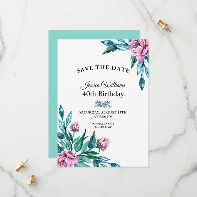 Romantic Feminine Floral 40th Birthday Save The Date (Front/Back In Situ)