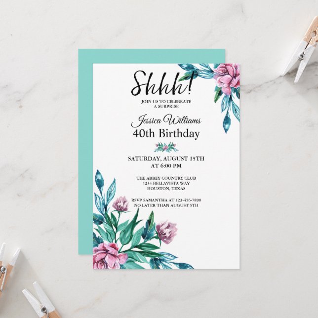 Romantic Feminine Floral 40th Surprise Birthday Invitation (Front/Back In Situ)