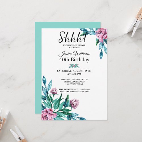 Romantic Feminine Floral 40th Surprise Birthday Invitation