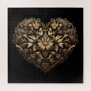 Romantic filigree gold heart. Valentines Day Love Jigsaw Puzzle