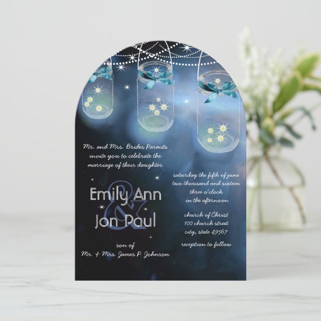 Romantic Firefly Mason Jar Wedding Invitation (Standing Front)