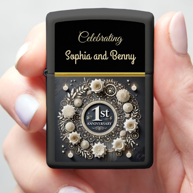Romantic First Anniversary Wreath Design Zippo Lighter (In Hand)