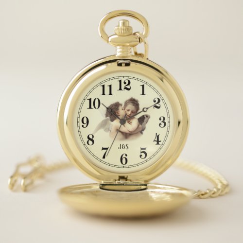 Romantic First Kiss Angels with Custom Initials Pocket Watch