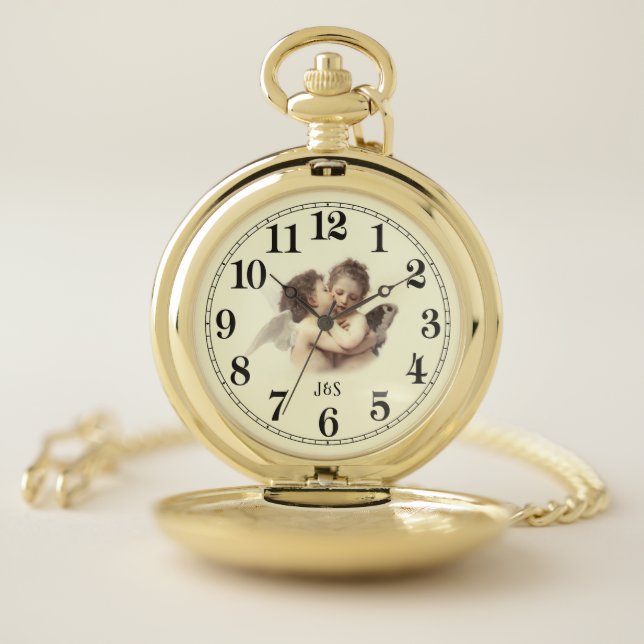 Romantic First Kiss Angels with Custom Initials Pocket Watch (Inside)