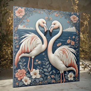 Romantic Flamingo Couple Art Deco Blue Pond Floral Ceramic Tile