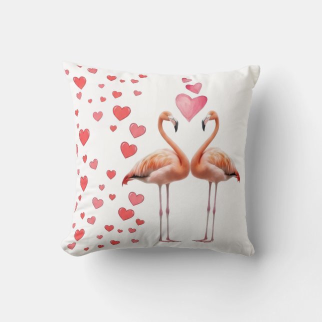 Romantic Flamingo Couple with Pink Heart Love Deco Throw Pillow (Front)