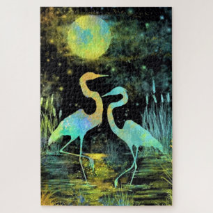 Romantic Flamingos Night Puzzle - Painting