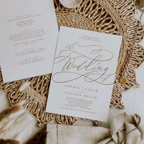 Romantic Flat Gold Calligraphy All In One Wedding Invitation