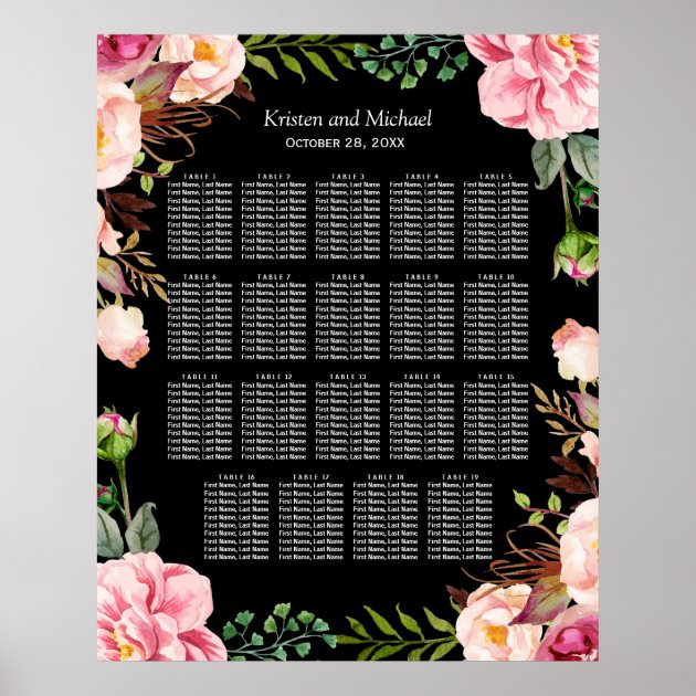 Romantic Floral 19 Tables Wedding Seating Chart