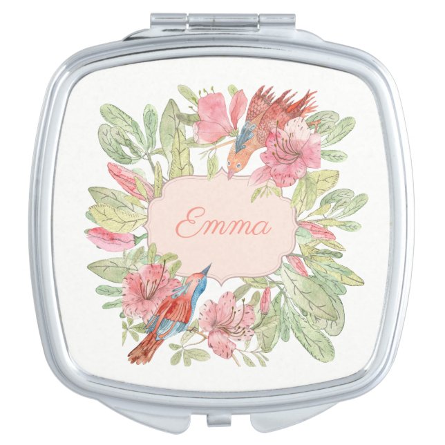 Romantic Floral and Bird Compact Mirror (Front)