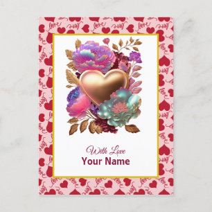 Romantic Floral and Gold Heart Postcard