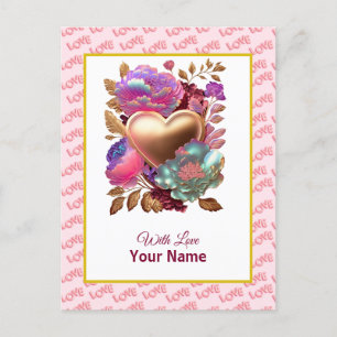 Romantic Floral and Gold Heart Postcard