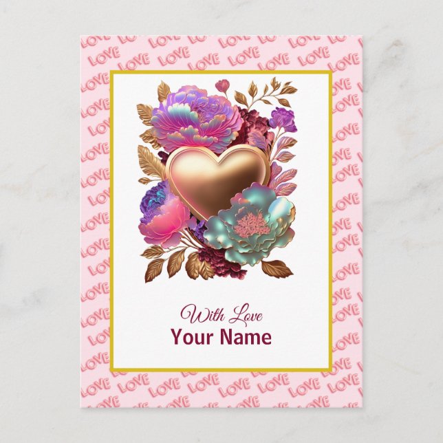 Romantic Floral and Gold Heart Postcard (Front)