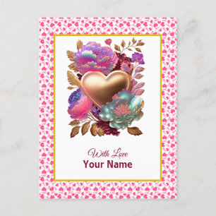 Romantic Floral and Gold Heart Postcard