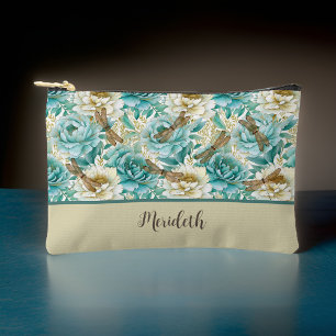 Romantic Floral Aqua Roses Dragonflies Monogram Accessory Pouch