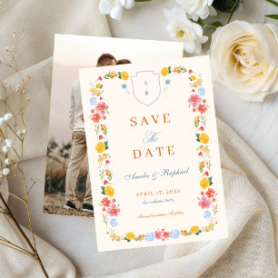 Romantic Floral Arch Monogram Crest Wedding Save The Date