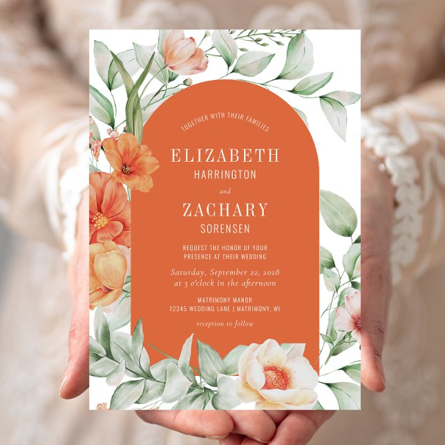 Romantic Floral Arch Peach Orange Wedding Invitation (Creator Uploaded)