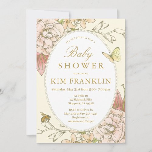 Romantic Floral Baby Bee Gender Neutral Shower  Invitation