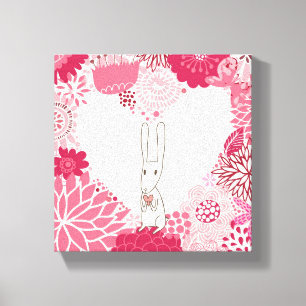 Romantic floral background with cute rabbit canvas print