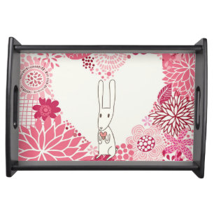 Romantic floral background with cute rabbit serving tray
