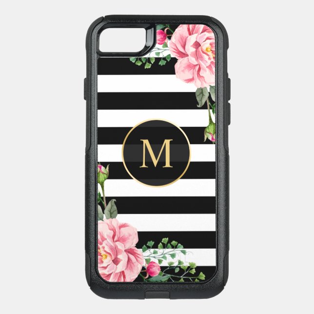 Romantic Floral Black White Stripes Monogram Otterbox iPhone Case (Back)