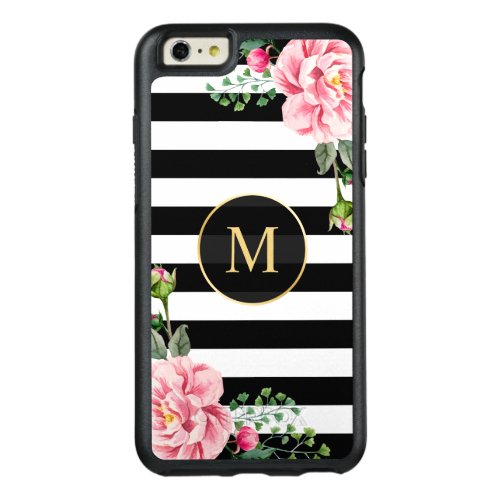Romantic Floral Black White Stripes Monogram OtterBox iPhone 66s Plus Case