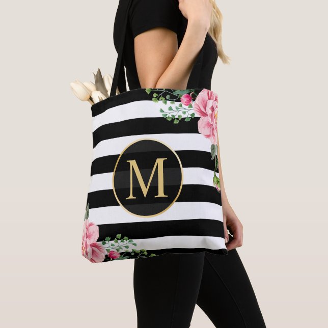 Romantic Floral Black White Stripes Monogram Tote Bag (Close Up)