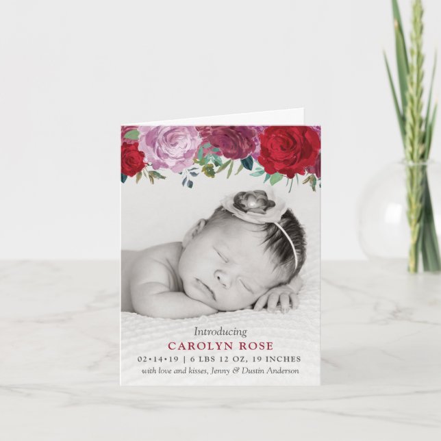 Romantic Floral Blooms Photo Birth Announcement (Front)